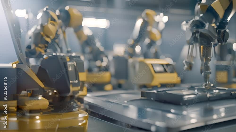 Poster robot operating a tablet in factory generative ai