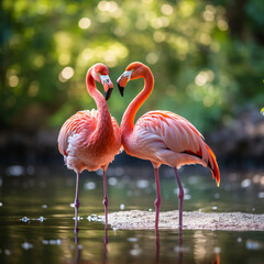 two flamingos stand together in affection