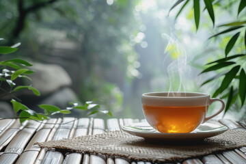 A cup of bamboo leaf tea on a wooden table on a nature background, a big copy space