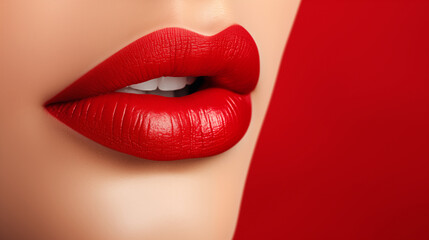 Obraz premium Close-up of red lipstick to promote makeup brand Lip gloss mockup with space for text. luxury brand red lipstick.