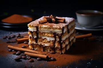 Tempting tiramisu on a slate plate against a rustic textured paper background