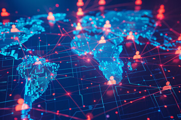 Fototapeta premium Digital world map with red and blue nodes connected by lines symbolizing a network of global communication