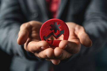 Businessman holds up an arrow icon and percentage with graph indicators for investment growth.