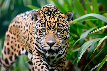 Jaguar walking through the rainforest