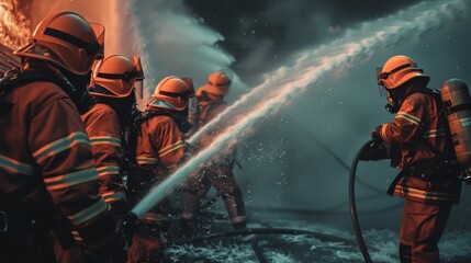 Firefighters in protective gear battling a blaze, aiming their hose at the flames.