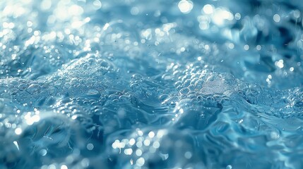 Macro photography showcasing a detailed and textured surface of water with bubbles and light...
