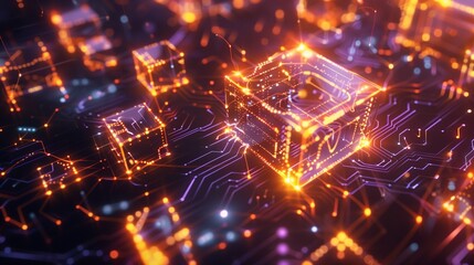 Fototapeta premium A dynamic composition of circuitry patterns interwoven with glowing geometric shapes, reminiscent of a digital mandala that speaks to the harmony between technology and artistry,