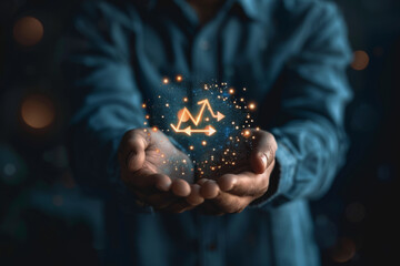 Businessman holds up an arrow icon and percentage with graph indicators for investment growth.