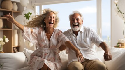 Fototapeta premium An elderly couple wearing robes laughs together in a bright, airy bedroom, radiating happiness and love
