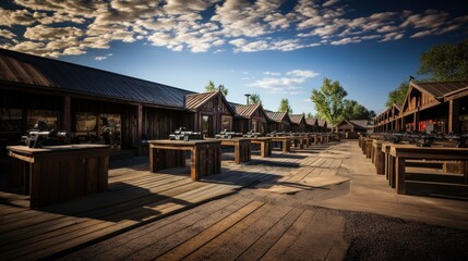 Obraz premium Historic western town reimagined with wooden buildings and outdoor workbenches in a serene evening light
