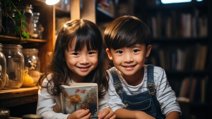 Two adorable children share a book in a warm and cozy reading nook, portraying childhood and learning