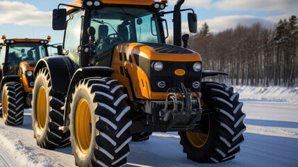 A close-up image capturing a modern orange tractor on snowy terrain, highlighting agricultural machinery