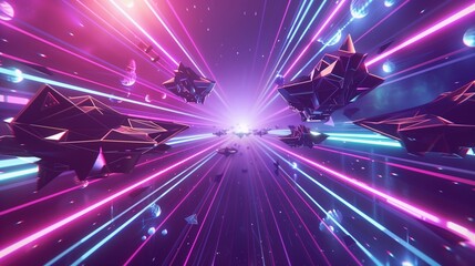 A formation of geometrically-patterned spacecrafts soaring through a neon-lit space corridor, with streaks of light stretching into infinity,