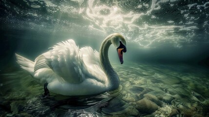 A graceful swan glides through the water with elegance and beauty.