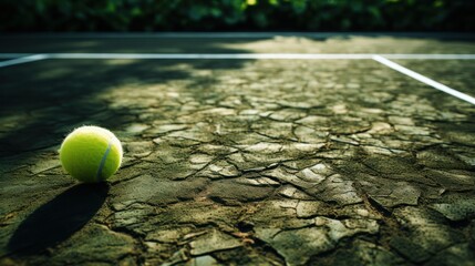Close-up of a yellow tennis ball on a cracked green tennis court, signifying neglect or end of season