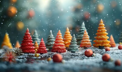 A beautiful winter scene with colorful miniature Christmas trees and festive decorations, captured in a snowy landscape during the holiday season.