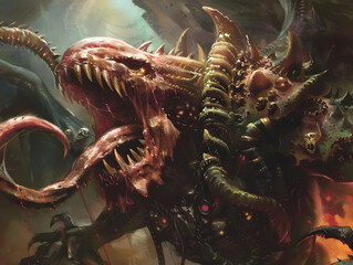 Terrifying Biomechanical Monstrous Creature in Dark Dystopian Setting with Spiked Exoskeleton, Multiple Tentacles, Skulls, and Gory Details Nightmarish Horror and Biopunk Theme