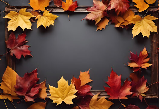 A wooden frame surrounded by autumn leaves in various shades of red, orange, and yellow, placed on a dark background.