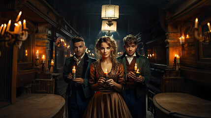 Obraz premium Three individuals in Victorian attire hold candles in a dimly lit antique library setting with intriguing looks