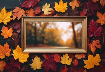 A wooden picture frame surrounded by colorful autumn leaves, with a blurred forest background.