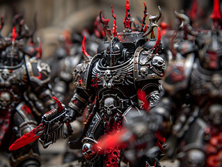 Intricately Painted Miniature Figurines of Menacing Armored Warrior with Blood-Red Energy Sword in Dark Fantasy Sci-Fi Wargaming Scene Depicting Sinister Black and Red Accented Characters and Army