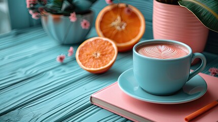 Aesthetic morning setup with a blue coffee cup, sliced orange, pink notebook, and plant on a teal wooden table.