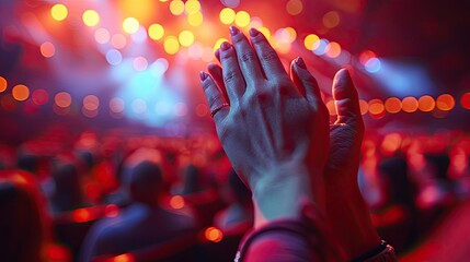 Audience applauding during a concert with vibrant lighting, capturing the energy and enthusiasm of...