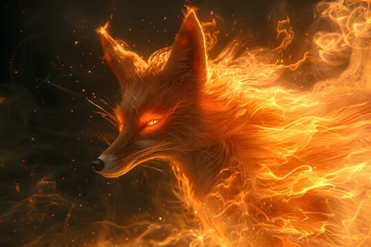Ethereal Nine-Tailed Foxfire Beast Wreathed in Mystical Flames and Chiaroscuro Lighting