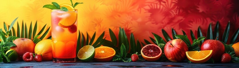 Colorful fruit cocktail and fresh tropical fruits on vibrant background. Summer refreshment with orange, watermelon, and lime garnishes.
