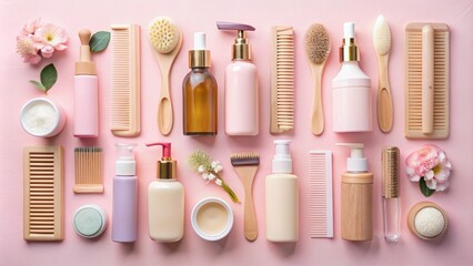 Obraz premium Flat lay composition with brushes and hair care cosmetics on light pink background