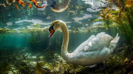 The swan glides gracefully through the water, its feathers shimmering in the sunlight.
