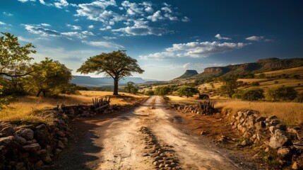 A picturesque dirt road leads through a tranquil countryside with trees and a stone fence under a dramatic sky