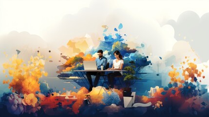 An abstract digital artwork depicting two people working at a table, surrounded by colorful, fragmented shapes