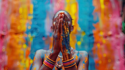 Colorful portrait of a person with hands together, face and body covered in vibrant paint against a bright, abstract background.