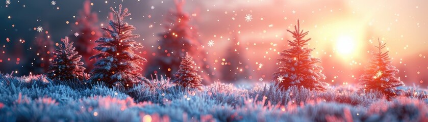 Magical winter sunrise with snow-covered trees and a pastel sky. An enchanting landscape ideal for holiday backgrounds and seasonal themes.