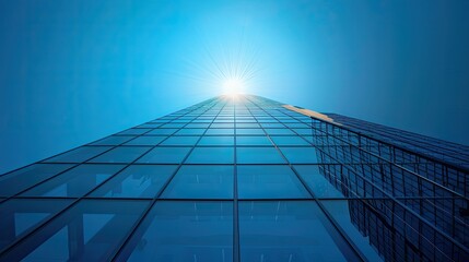 Modern glass skyscraper reaching towards the sun against a clear blue sky, symbolizing progress, ambition, and contemporary architecture.