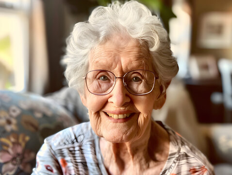 Heartwarming Portrait of Elderly Woman with White Wavy Hair and Glasses in Striped Floral Shirt Smiling in Cozy Indoor Living Room Setting with Natural Lighting Highlighting Joyful Expression
