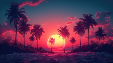 Stunning sunset over tropical beach with silhouetted palm trees, vibrant colors, and a tranquil ocean view. Perfect vacation paradise.