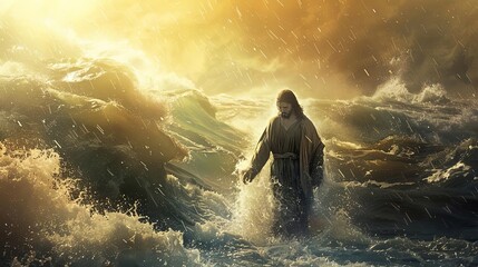jesus christ walking on stormy sea biblical miracle scene dramatic digital painting illustration
