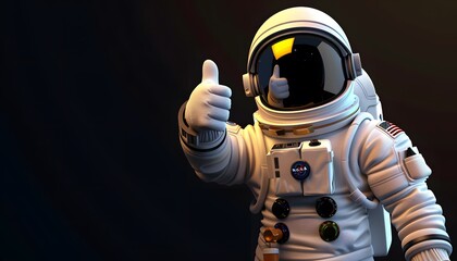 A 3D cartoon astronaut in a space suit, giving a thumbs up while floating weightlessly