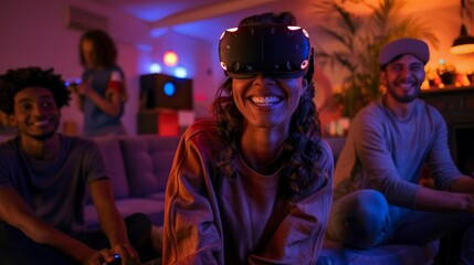Obraz premium Group of friends having fun with virtual reality headsets, playing games in a cozy, colorful living room at night.