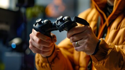 Person holding virtual reality controllers, engaging in immersive gaming experience, focused on electronic entertainment with tech gear.