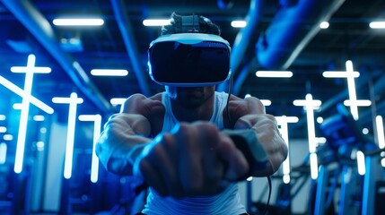 Man working out with VR headset in futuristic gym, enhancing fitness with virtual reality technology in advanced workout environment.