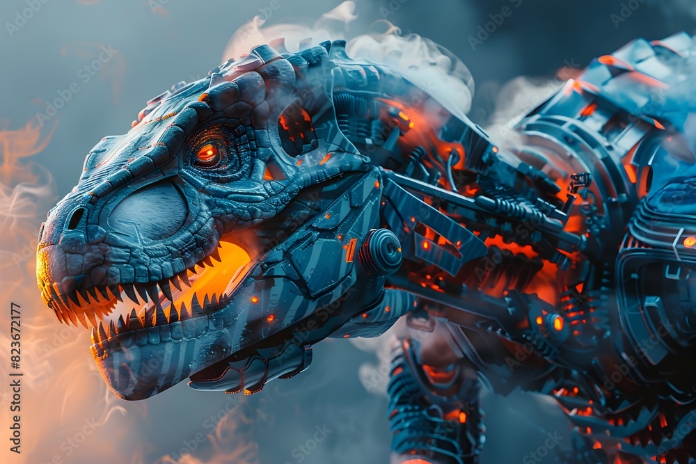 Wall mural Ferocious Cybernetic Dinosaur Warrior with Advanced Weaponry and Mechanical Limbs in Dramatic Smoky Atmosphere