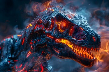 Ferocious Cyborg Dinosaur Warrior Emerges from Swirling Ethereal Smoke in Futuristic 3D Cinematic Render