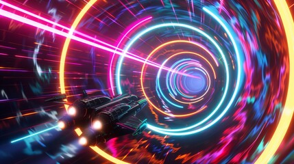 Obraz premium A futuristic starship zooming through a neon hyper warp tunnel, surrounded by concentric rings of colorful energy, creating a mesmerizing visual spectacle,