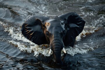 an elephant swimming in a deep river