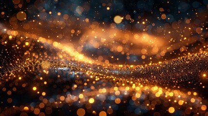 Twinkling particles arranged in a wave pattern on a dark bokeh background evoking a sense of cosmic...