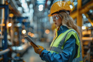 Worker in safety gear using a tablet to monitor nocturnal activities at an industrial plant