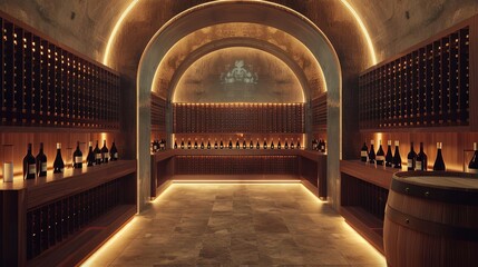 Obraz premium luxurious wine cellar with wooden racks and bottles atmospheric lighting 3d rendering